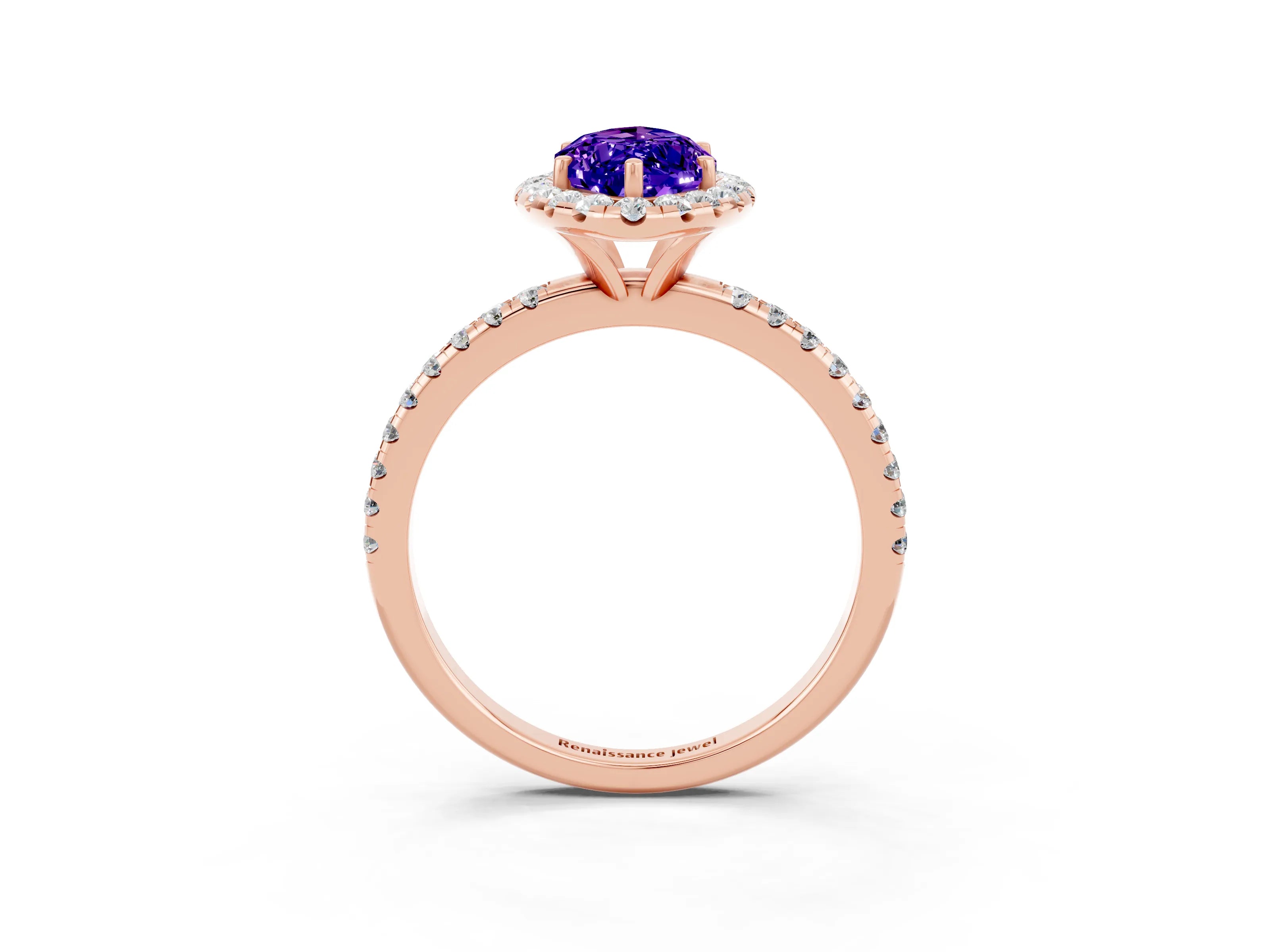Rose gold Marquise Cut Halo Round Diamond Pavé Band Four-Prong Ring_3