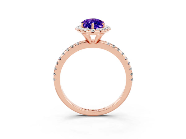 Rose gold Marquise Cut Tanzanite Halo Ring with Round Pavé Band and Prong Setting