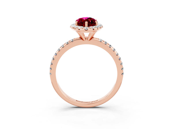 Rose gold Marquise Cut Garnet Halo Ring with Round Pavé Band and Prong Setting