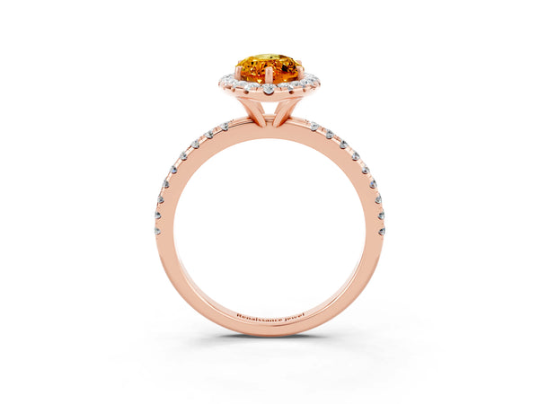Rose gold Marquise Cut Citrine Halo Ring with Round Pavé Band and Prong Setting