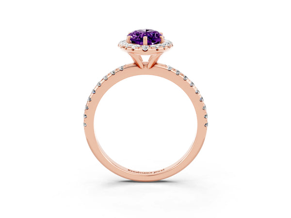 Rose gold Marquise Cut Amethyst Halo Ring with Round Pavé Band and Prong Setting