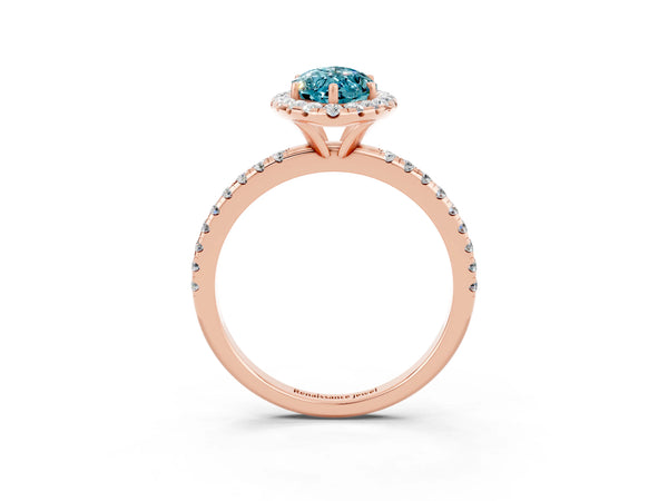 Rose gold Marquise Cut Halo Round Diamond Pavé Band Four-Prong Ring