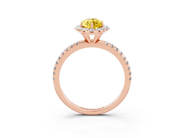 Rose gold Marquise Cut Yellow Sapphire Halo Ring with Round Pavé Band and Prong Setting