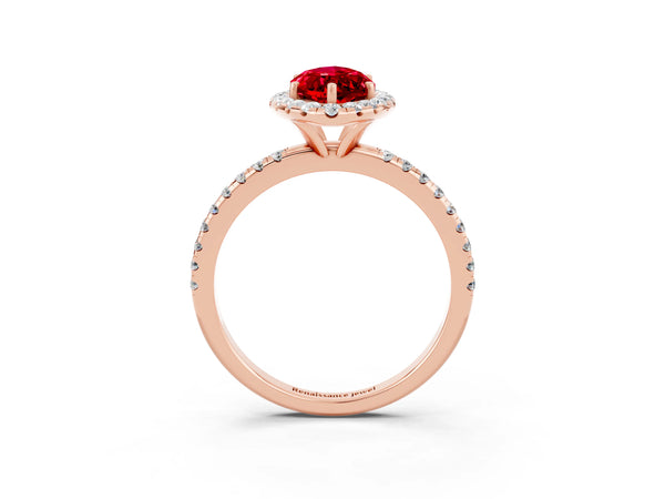 Rose gold Marquise Cut Halo Round Diamond Pavé Band Four-Prong Ring
