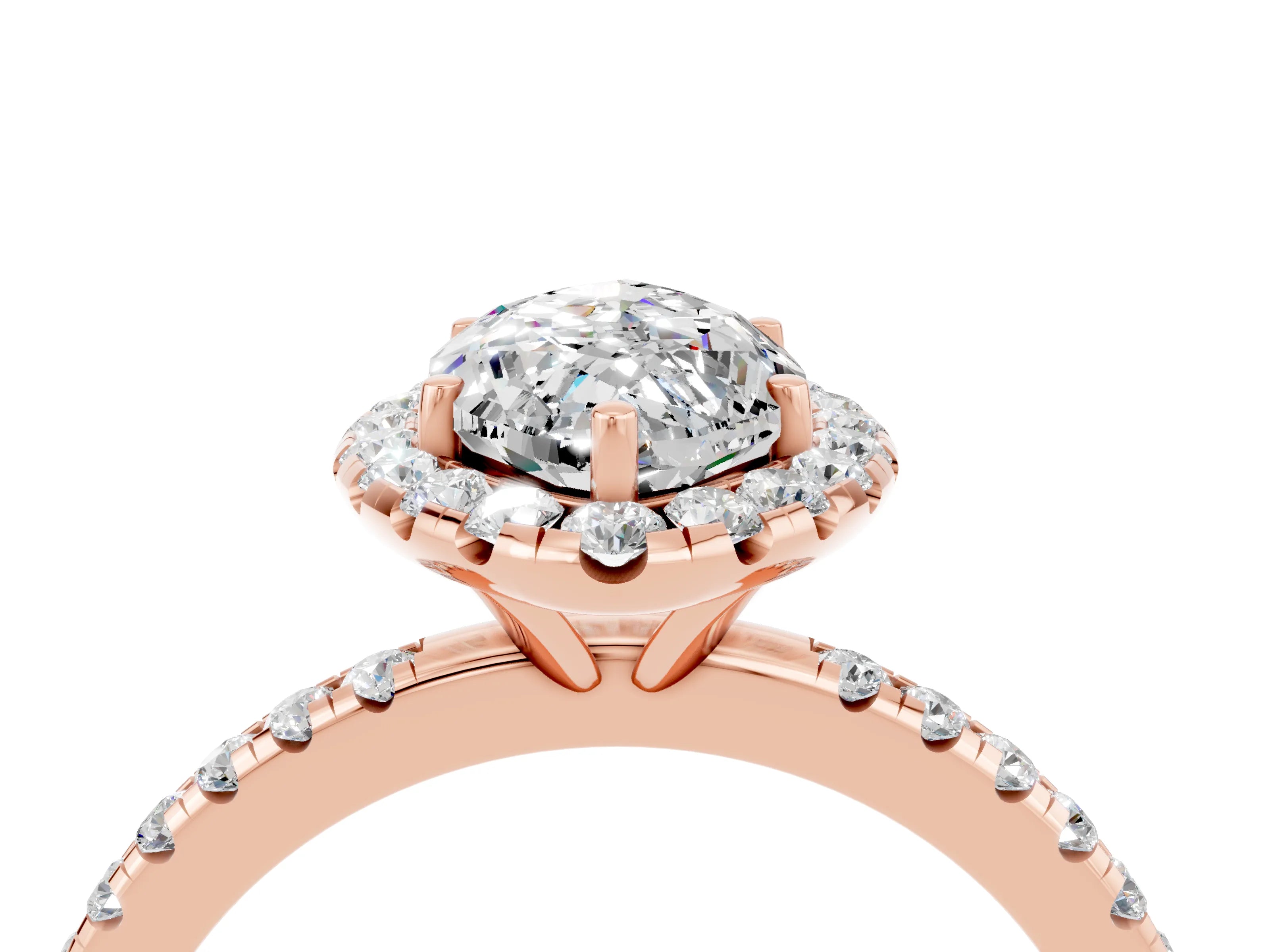 Rose gold Marquise Cut Halo Round Diamond Pavé Band Four-Prong Ring_4