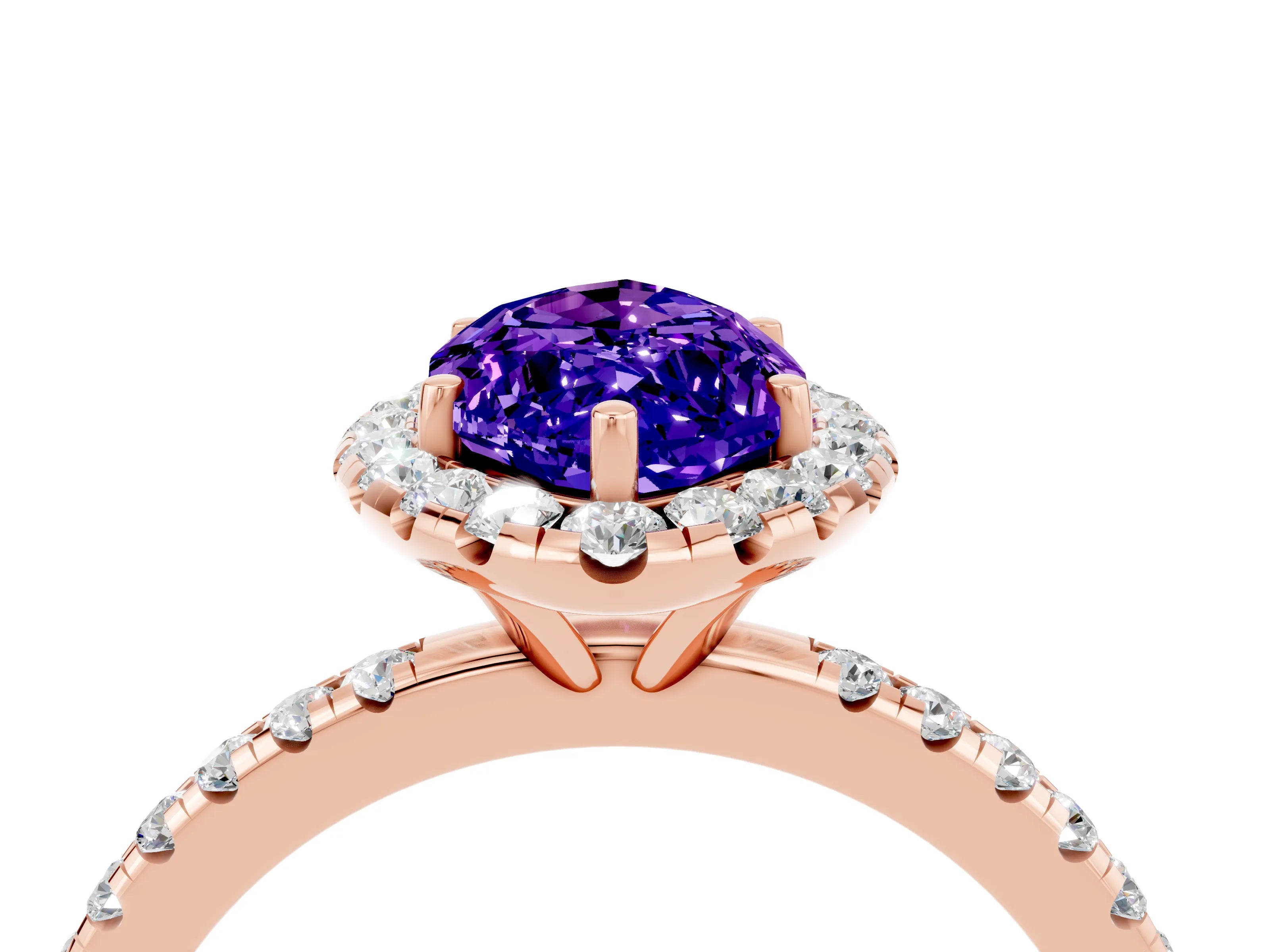 Rose gold Marquise Cut Halo Round Diamond Pavé Band Four-Prong Ring_4