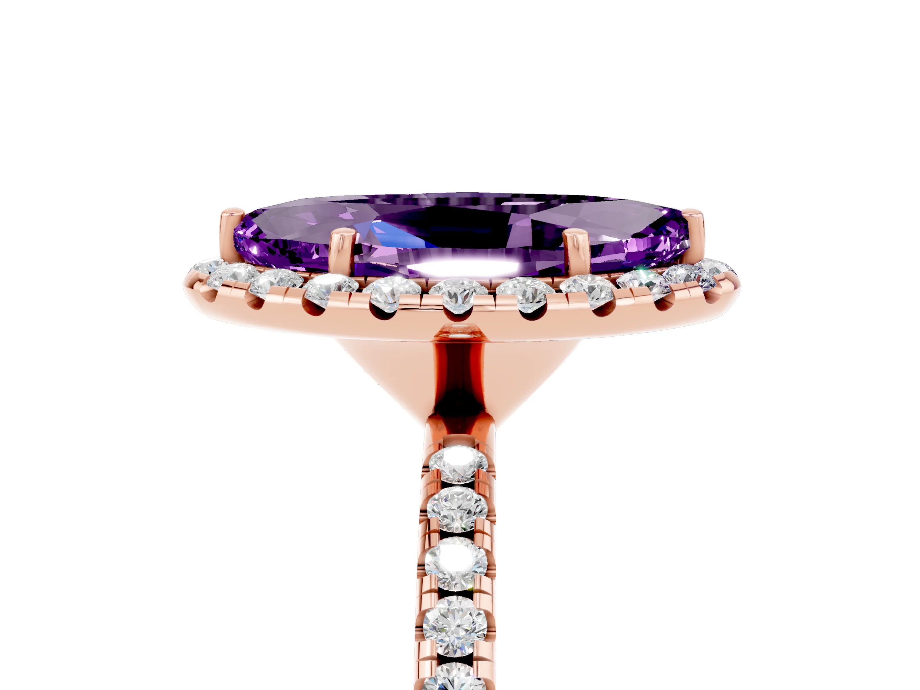 Rose gold Marquise Cut Halo Round Diamond Pavé Band Four-Prong Ring_5