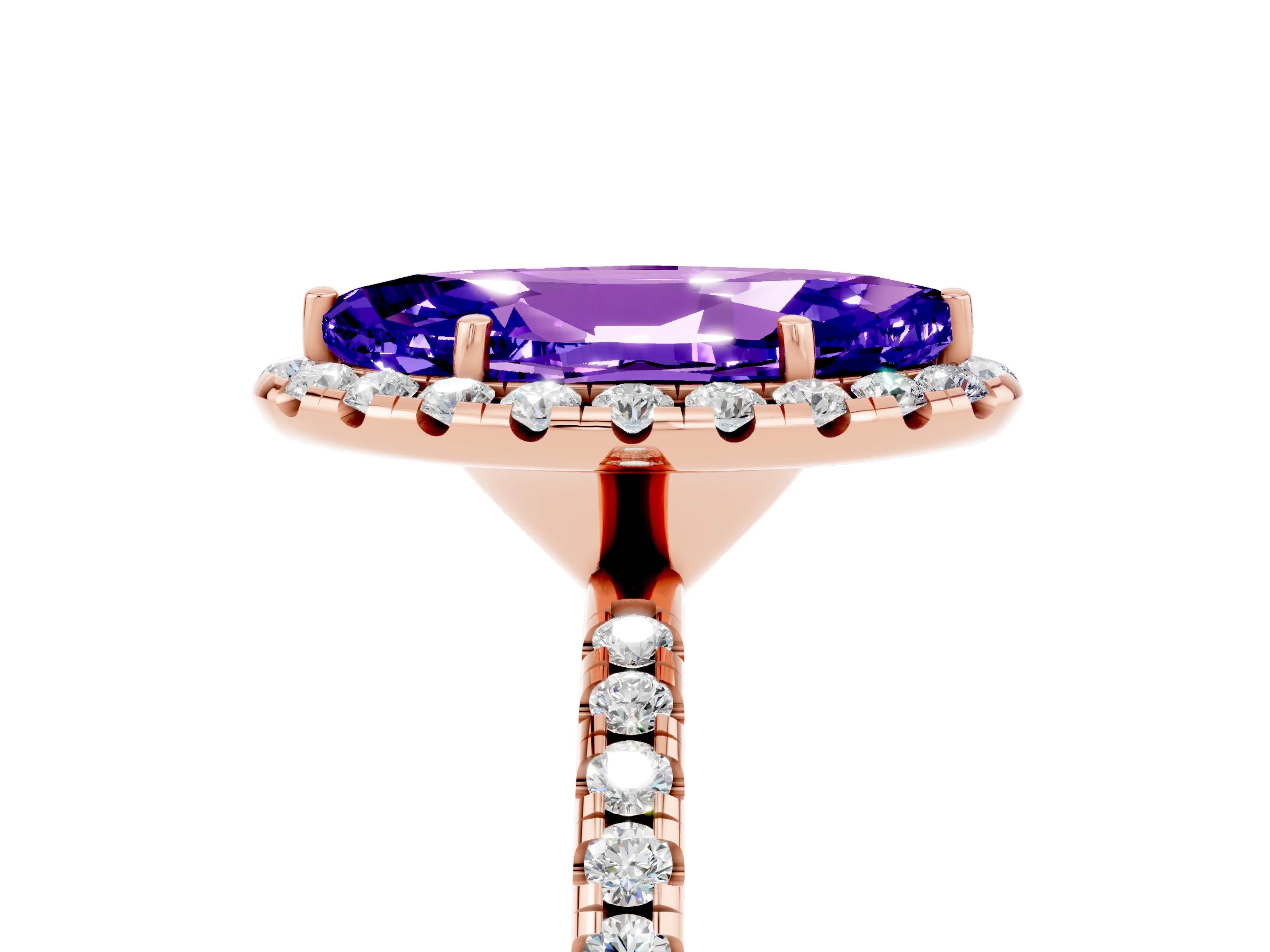 Rose gold Marquise Cut Halo Round Diamond Pavé Band Four-Prong Ring_5
