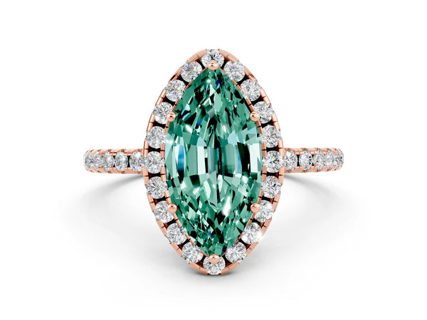 Rose gold Marquise Cut Green Sapphire Halo Ring with Round Pavé Band and Prong Setting