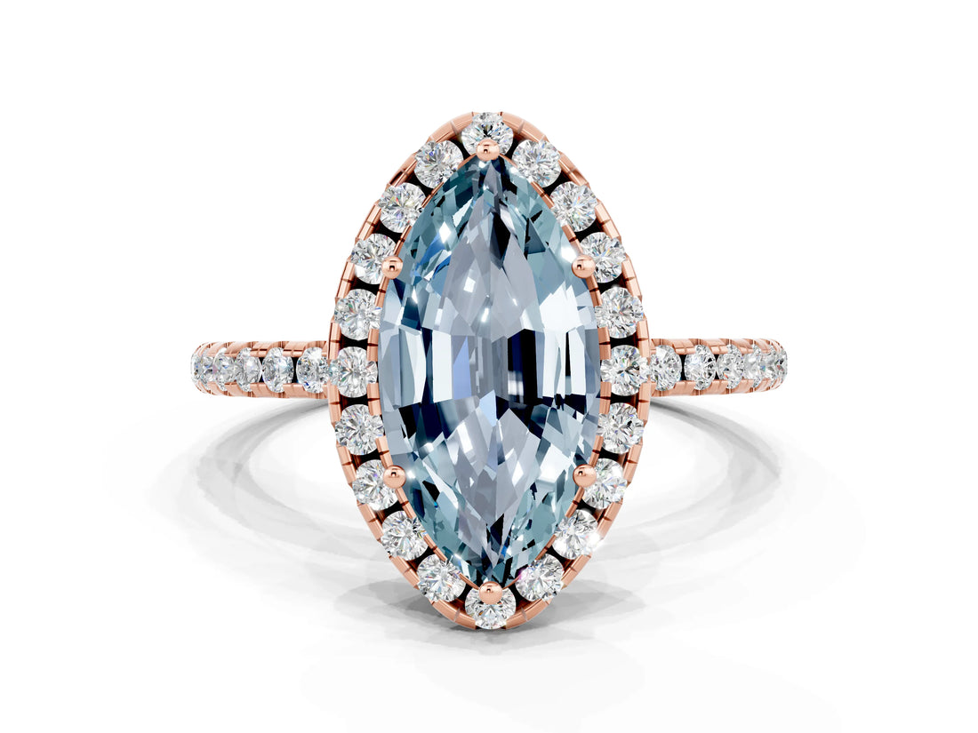 Rose gold Marquise Cut Halo Round Diamond Pavé Band Four-Prong Ring