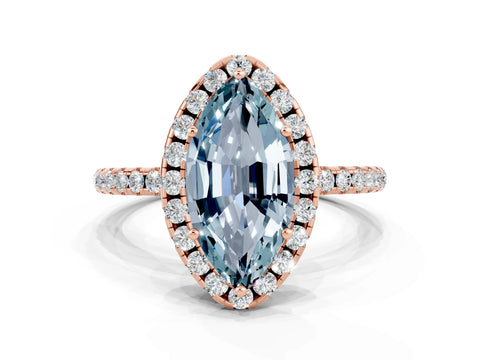 Rose gold Marquise Cut Halo Round Diamond Pavé Band Four-Prong Ring