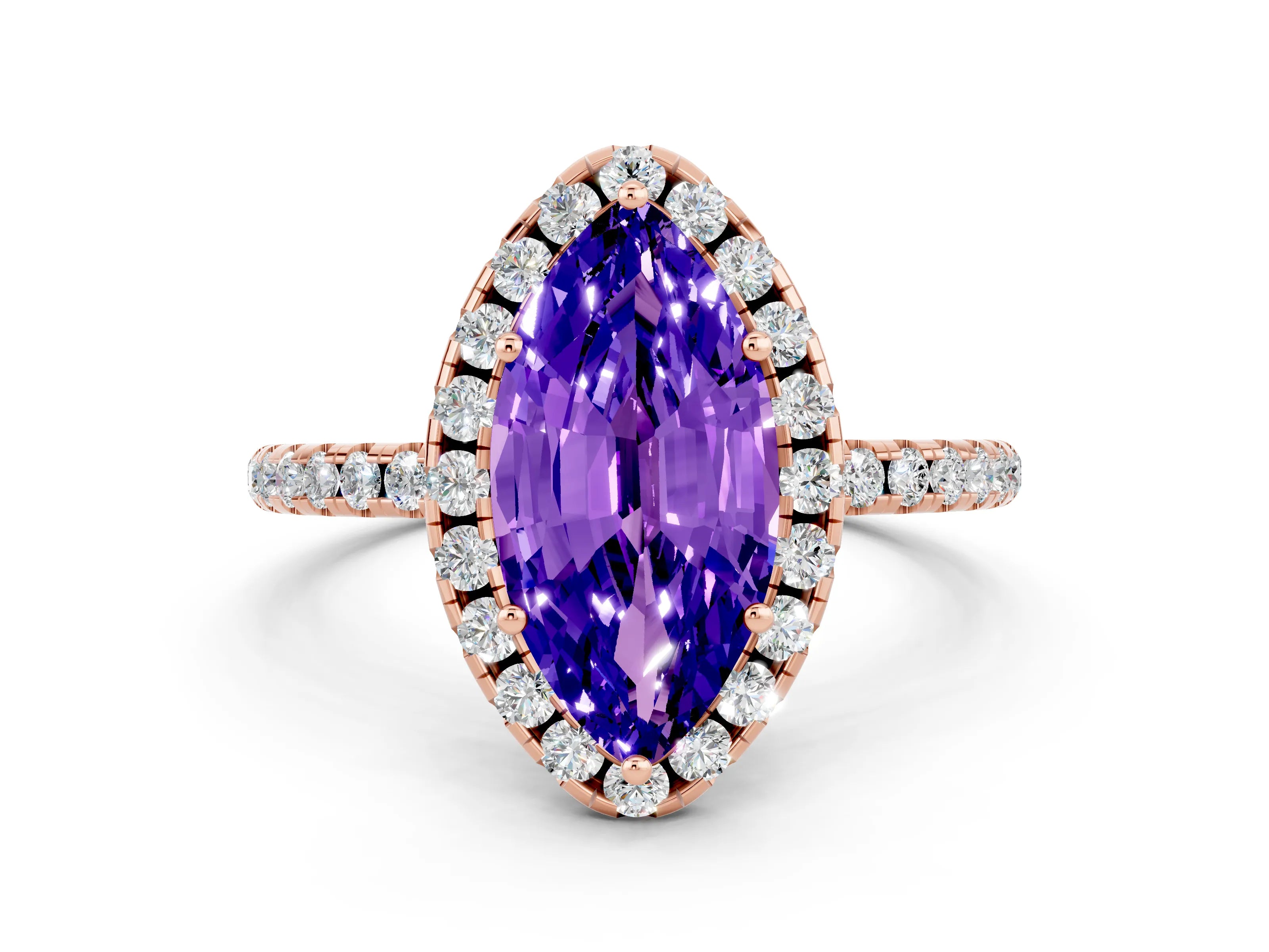 Rose gold Marquise Cut Halo Round Diamond Pavé Band Four-Prong Ring