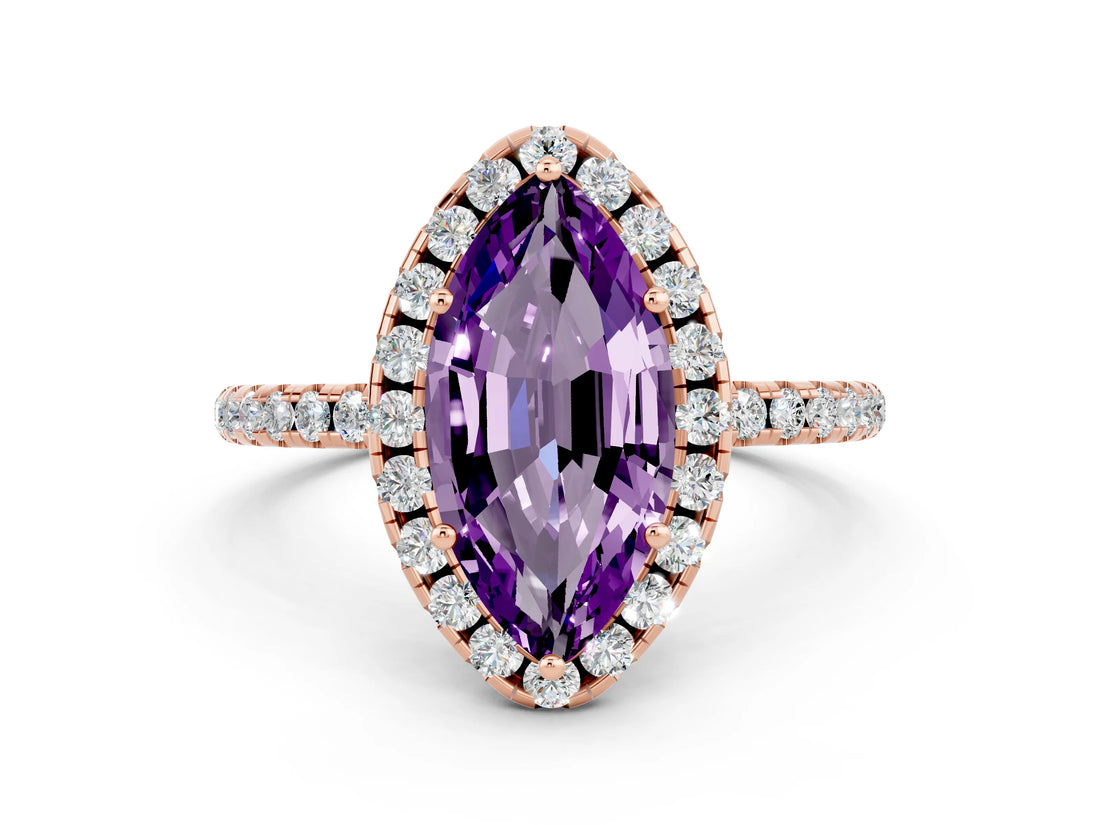 Rose gold Marquise Cut Halo Round Diamond Pavé Band Four-Prong Ring