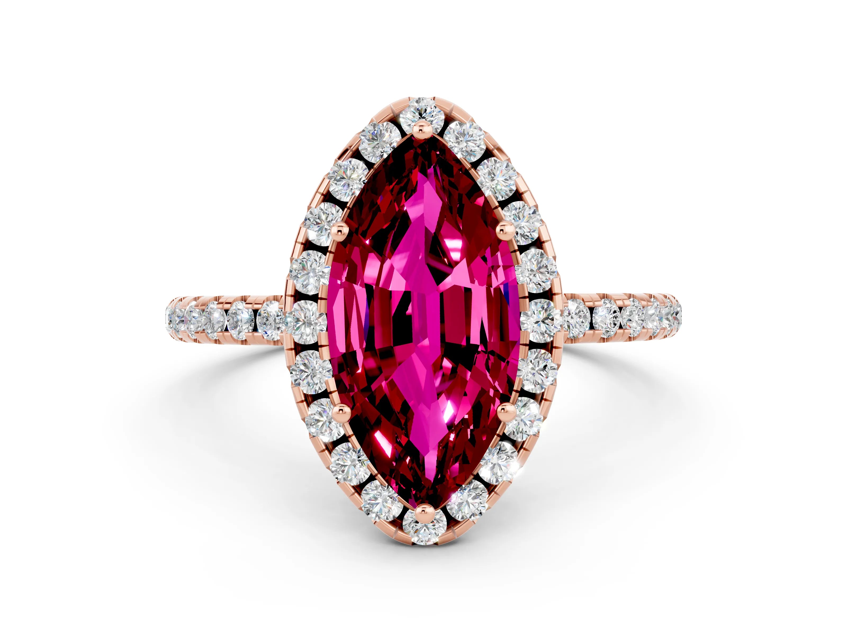 Rose gold Marquise Cut Halo Round Diamond Pavé Band Four-Prong Ring