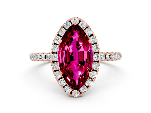 Rose gold Marquise Cut Garnet Halo Ring with Round Pavé Band and Prong Setting