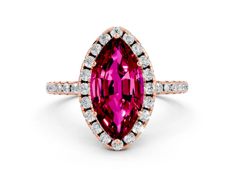 Rose gold Marquise Cut Halo Round Diamond Pavé Band Four-Prong Ring