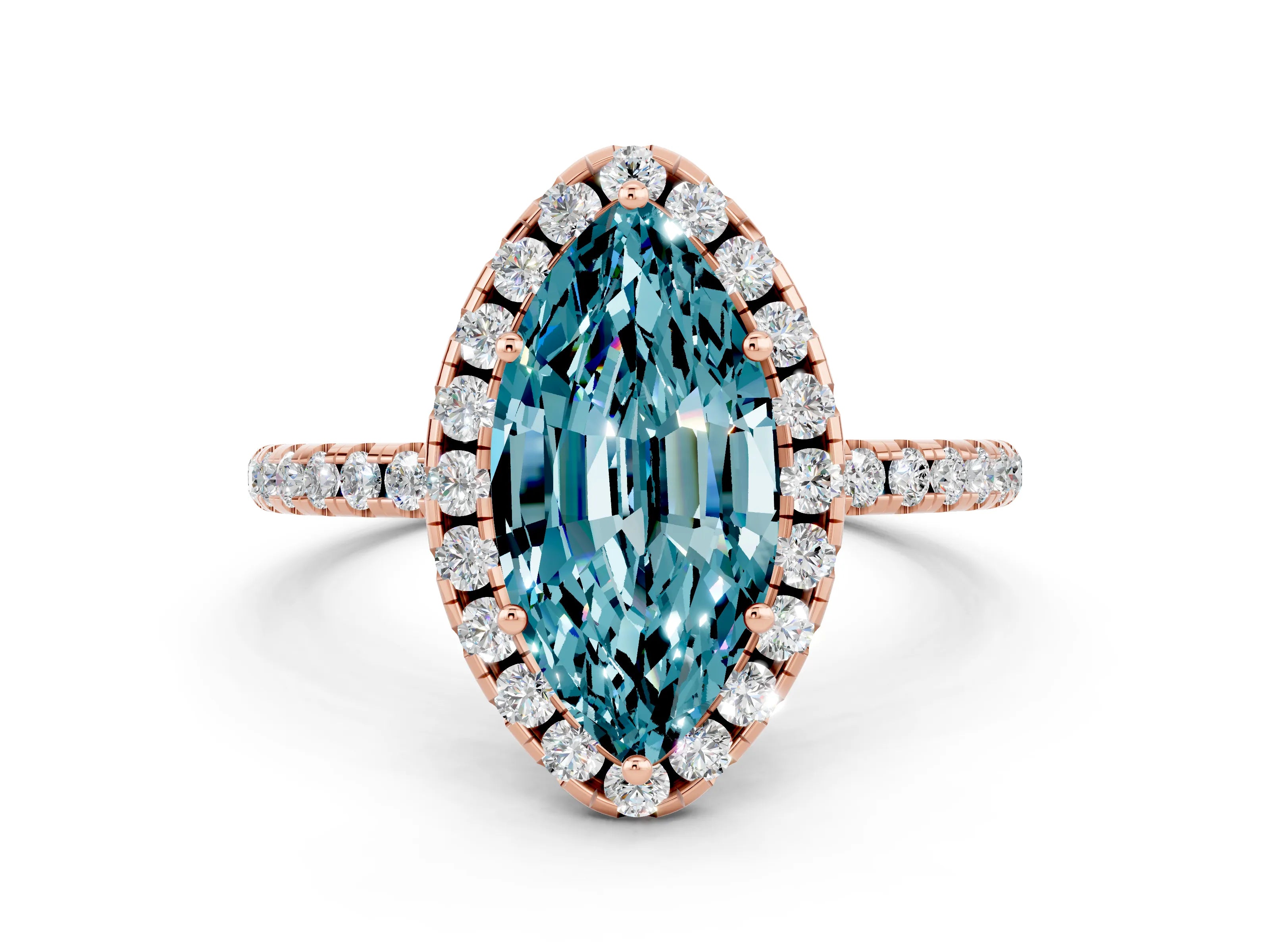 Rose gold Marquise Cut Halo Round Diamond Pavé Band Four-Prong Ring