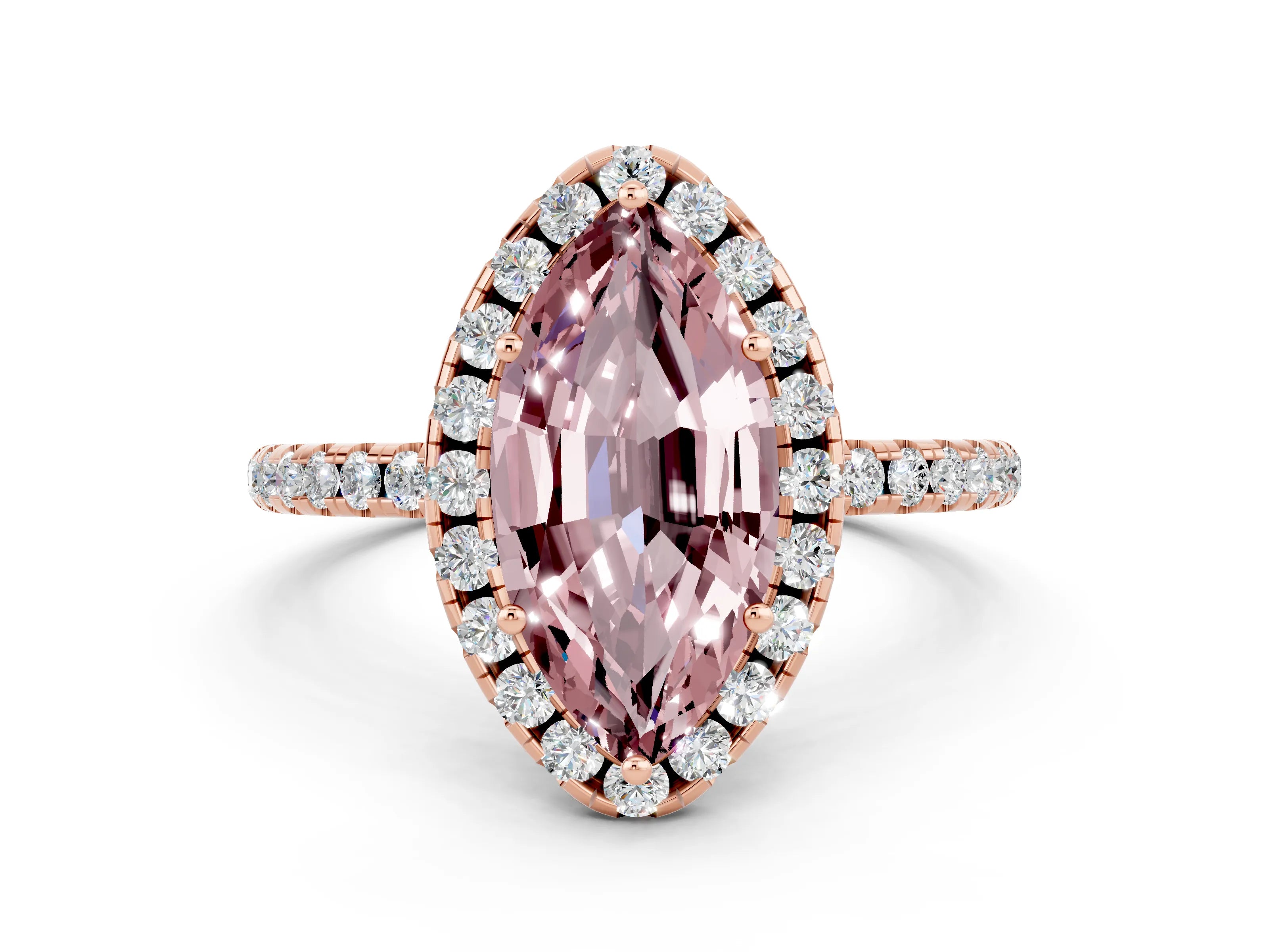 Rose gold Marquise Cut Halo Round Diamond Pavé Band Four-Prong Ring