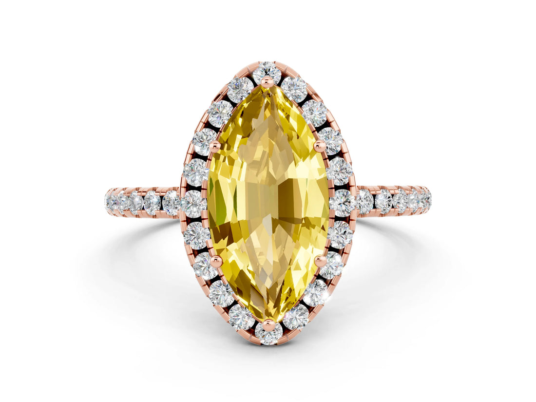 Rose gold Marquise Cut Halo Round Diamond Pavé Band Four-Prong Ring