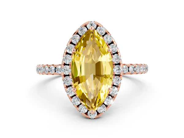 Rose gold Marquise Cut Yellow Sapphire Halo Ring with Round Pavé Band and Prong Setting