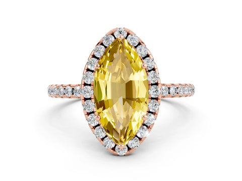 Rose gold Marquise Cut Halo Round Diamond Pavé Band Four-Prong Ring