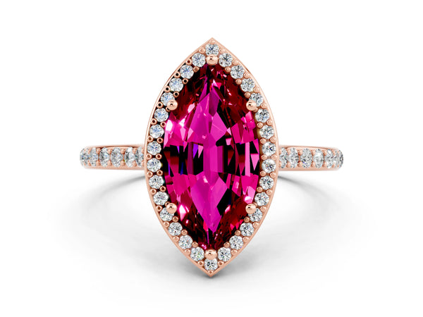 Rose gold Marquise Cut Garnet Halo Engagement Ring with Round Pavé Shoulders and Prong Setting