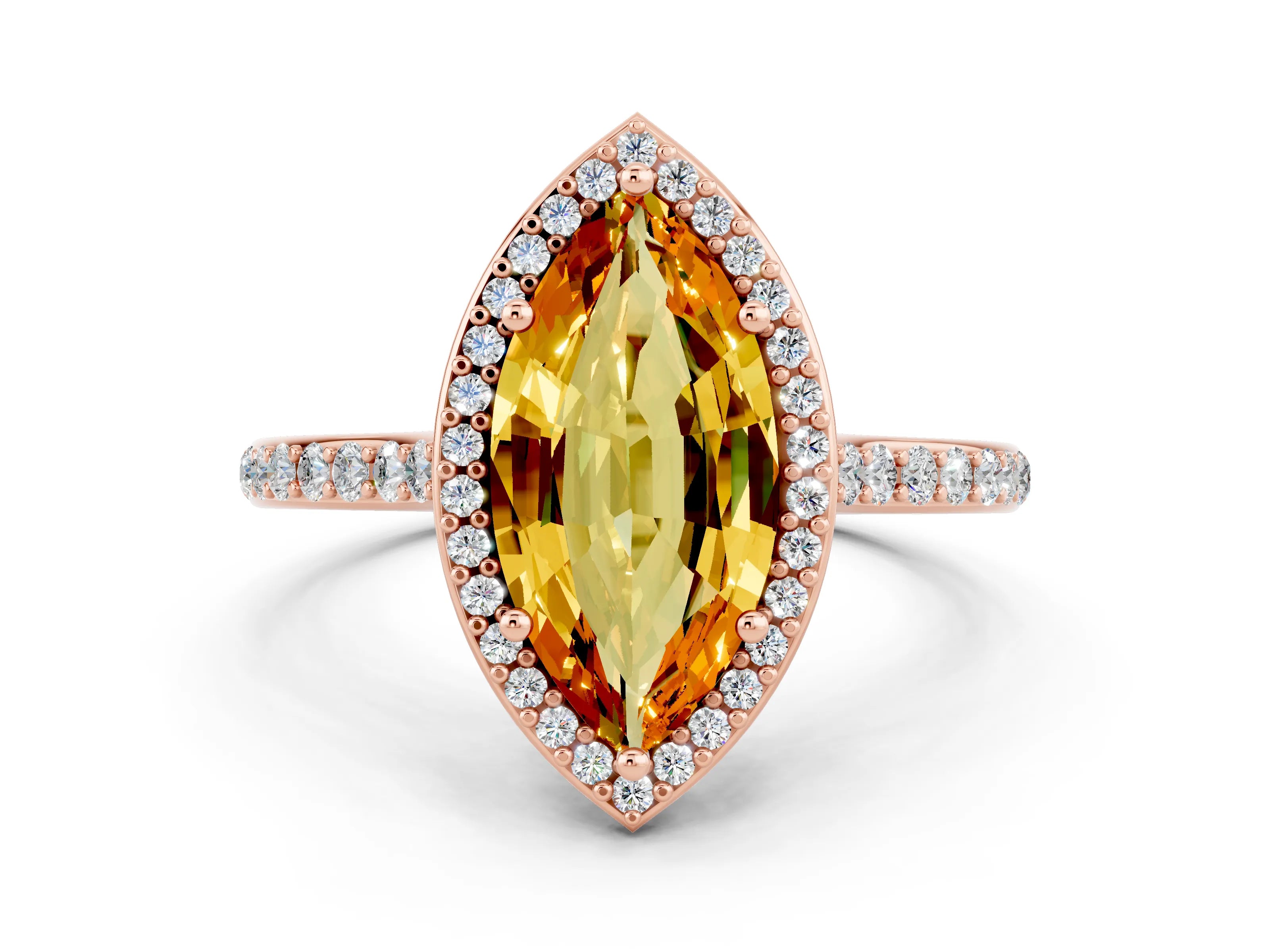 Rose gold Marquise Cut Halo Round Diamond Pavé Band with Four-Prong Setting