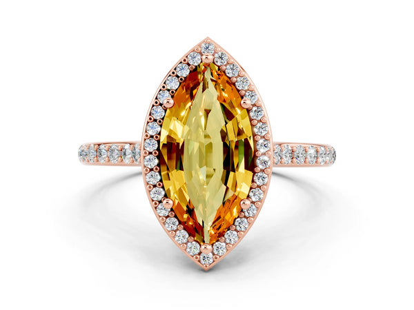 Rose gold Marquise Cut Citrine Halo Engagement Ring with Round Pavé Shoulders and Prong Setting