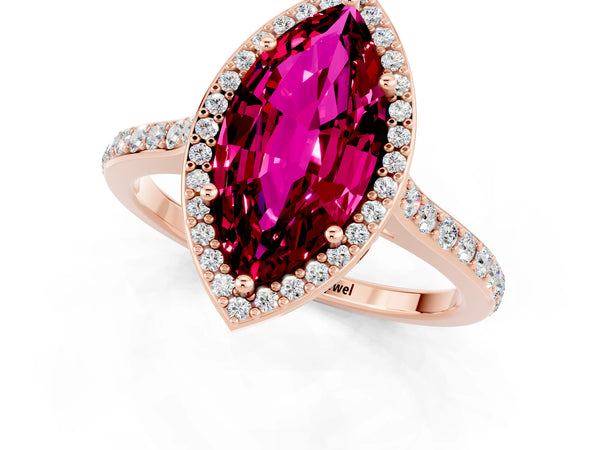 Rose gold Marquise Cut Garnet Halo Engagement Ring with Round Pavé Shoulders and Prong Setting