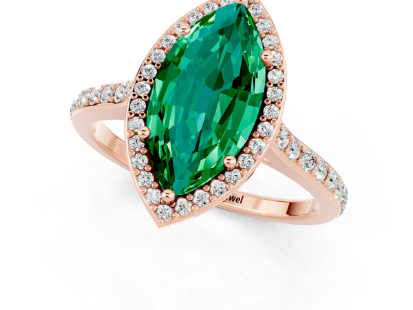 Rose gold Marquise Cut Emerald Halo Engagement Ring with Round Pavé Shoulders and Prong Setting