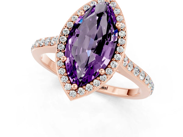 Rose gold Marquise Cut Amethyst Halo Engagement Ring with Round Pavé Shoulders and Prong Setting