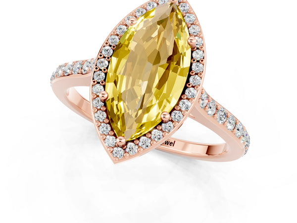 Rose gold Marquise Cut Yellow Sapphire Halo Engagement Ring with Round Pavé Shoulders and Prong Setting
