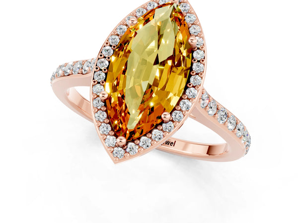 Rose gold Marquise Cut Citrine Halo Engagement Ring with Round Pavé Shoulders and Prong Setting