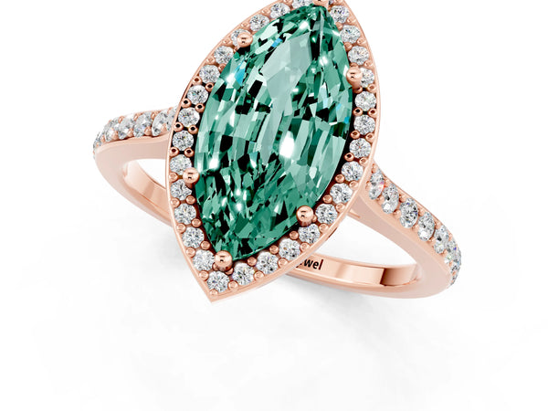 Rose gold Marquise Cut Green Sapphire Halo Engagement Ring with Round Pavé Shoulders and Prong Setting