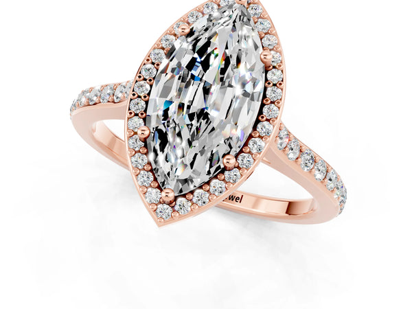 Rose gold Marquise Cut Moissanite Halo Engagement Ring with Round Pavé Shoulders and Prong Setting