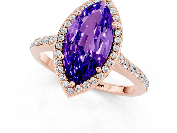 Rose gold Marquise Cut Tanzanite Halo Engagement Ring with Round Pavé Shoulders and Prong Setting