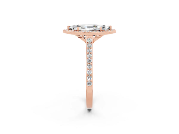 Rose gold Marquise Cut Moissanite Halo Engagement Ring with Round Pavé Shoulders and Prong Setting