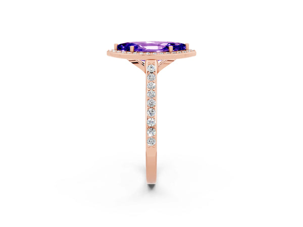 Rose gold Marquise Cut Tanzanite Halo Engagement Ring with Round Pavé Shoulders and Prong Setting