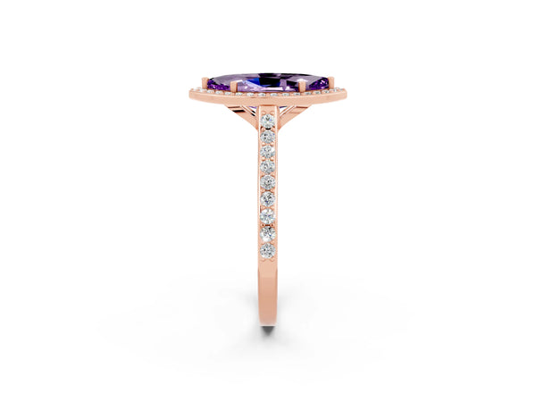 Rose gold Marquise Cut Amethyst Halo Engagement Ring with Round Pavé Shoulders and Prong Setting