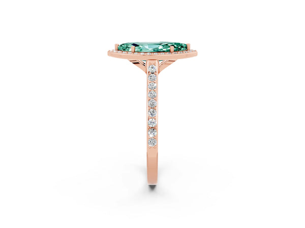Rose gold Marquise Cut Green Sapphire Halo Engagement Ring with Round Pavé Shoulders and Prong Setting