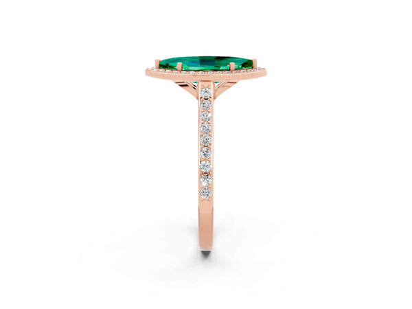 Rose gold Marquise Cut Emerald Halo Engagement Ring with Round Pavé Shoulders and Prong Setting