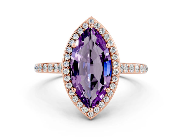 Rose gold Marquise Cut Amethyst Halo Engagement Ring with Round Pavé Shoulders and Prong Setting