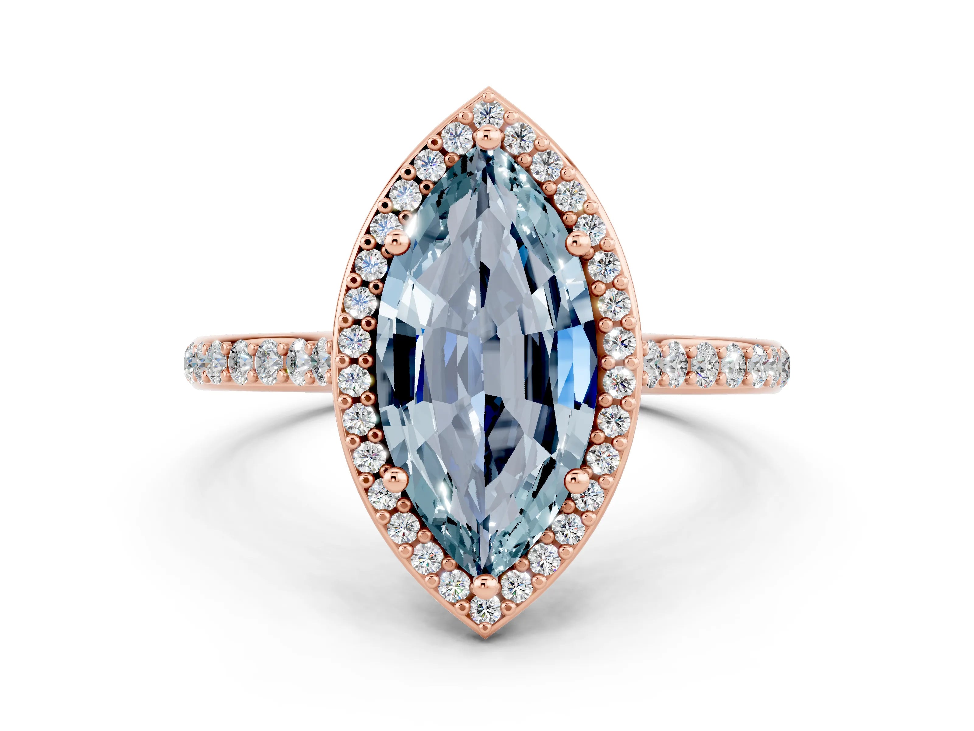 Rose gold Marquise Cut Halo Round Diamond Pavé Band with Four-Prong Setting