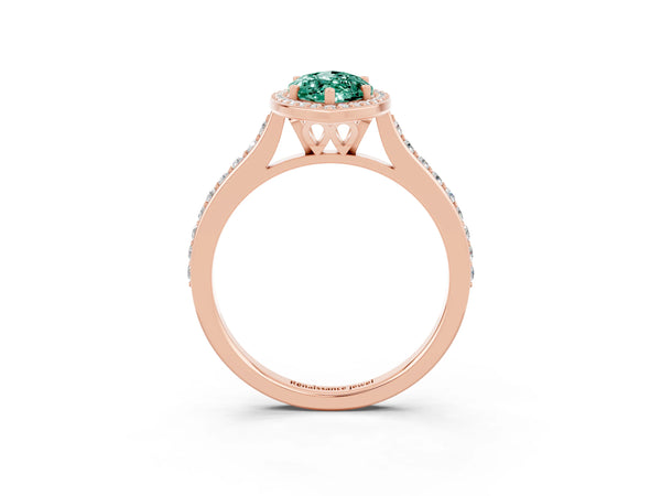 Rose gold Marquise Cut Green Sapphire Halo Engagement Ring with Round Pavé Shoulders and Prong Setting
