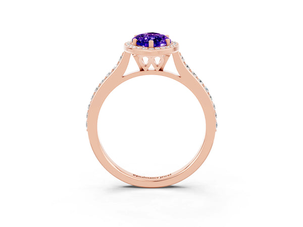 Rose gold Marquise Cut Tanzanite Halo Engagement Ring with Round Pavé Shoulders and Prong Setting