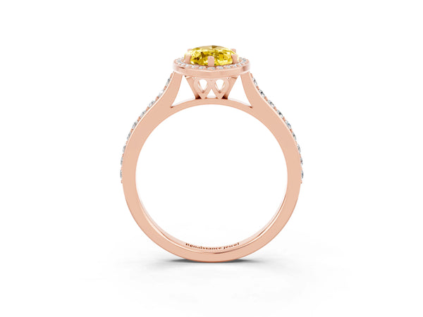 Rose gold Marquise Cut Yellow Sapphire Halo Engagement Ring with Round Pavé Shoulders and Prong Setting