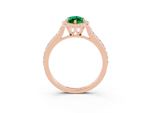 Rose gold Marquise Cut Emerald Halo Engagement Ring with Round Pavé Shoulders and Prong Setting
