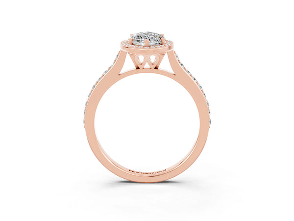 Rose gold Marquise Cut Moissanite Halo Engagement Ring with Round Pavé Shoulders and Prong Setting