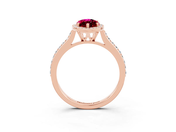 Rose gold Marquise Cut Garnet Halo Engagement Ring with Round Pavé Shoulders and Prong Setting