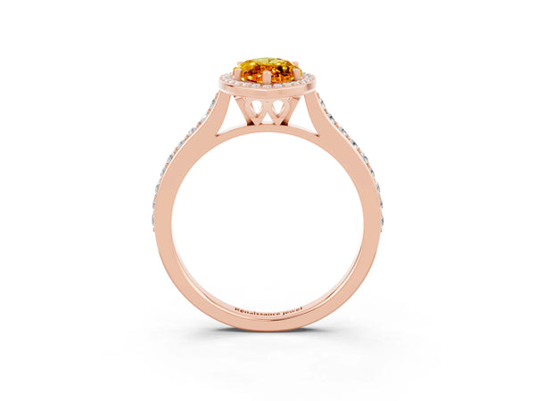 Rose gold Marquise Cut Citrine Halo Engagement Ring with Round Pavé Shoulders and Prong Setting